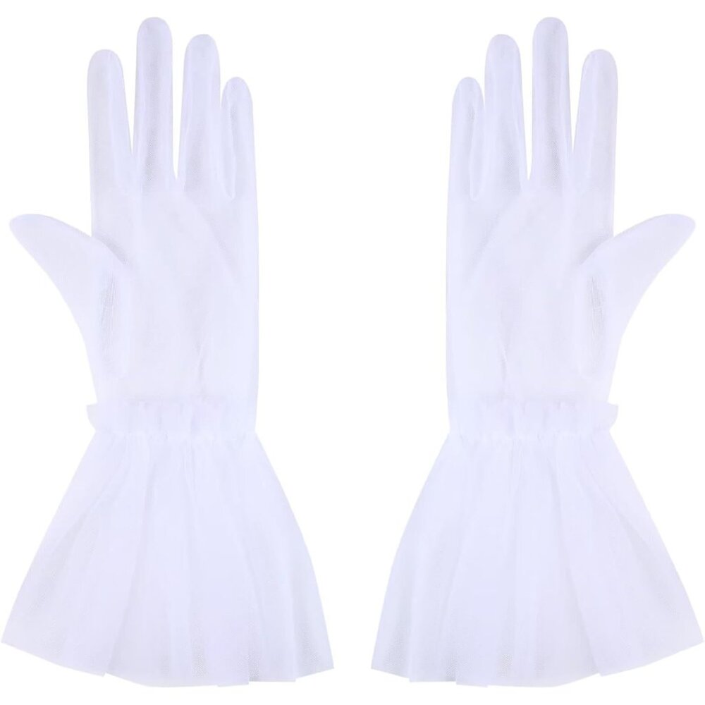 Women's Short White Tulle Mesh Puffy Ruffle Gloves Wedding Party Prom Costume - Picture 4 of 7